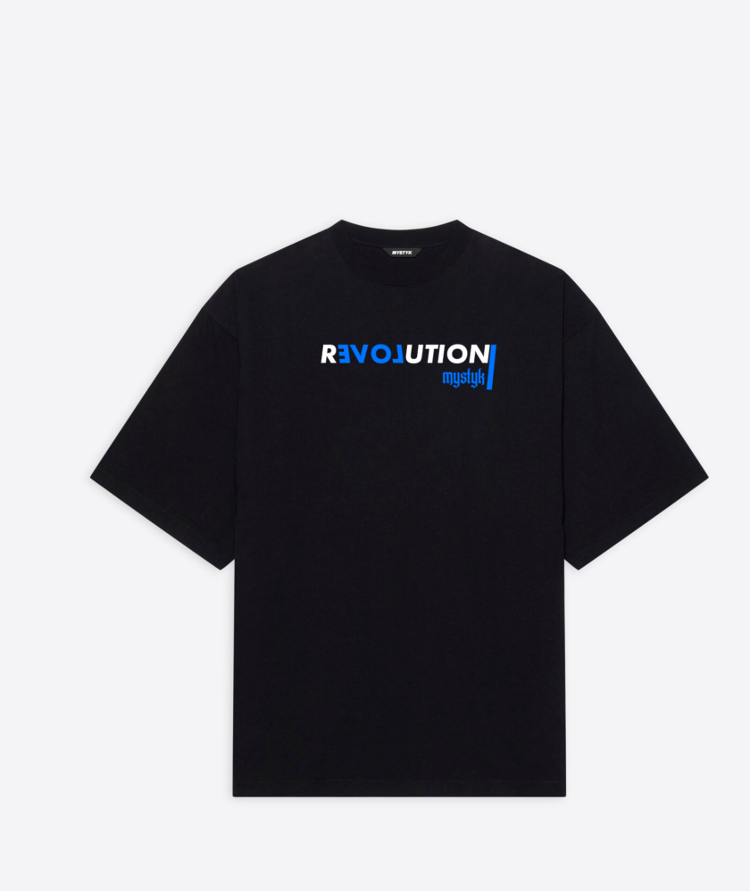 Camiseta con el estampado revolution con las letras LOVE al revés.